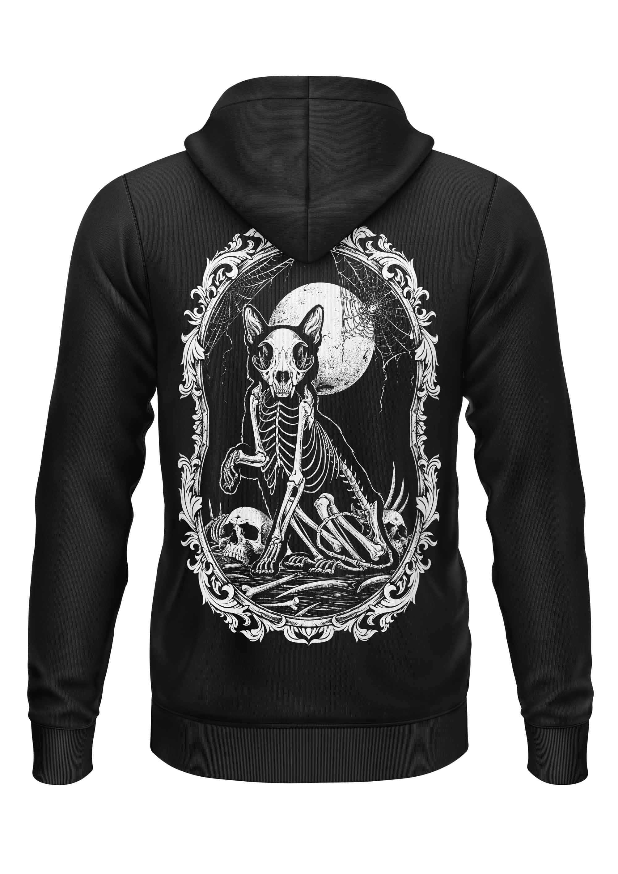 Schwerer unisex-zipper in schwarz mit death cat motiv aus strapazierfähigem stoff und weißem skelettkatzen-print